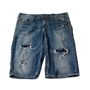 Silver Jeans Co. Aiko Mid Bermuda Distressed Denim Shorts Embellished Y2K W30